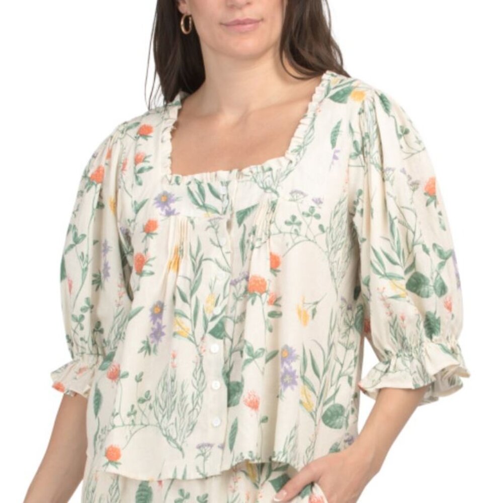 NWT LAURA ASHLEY Linen Blend Cropped Floral Square Neck Top with Small Ruffles